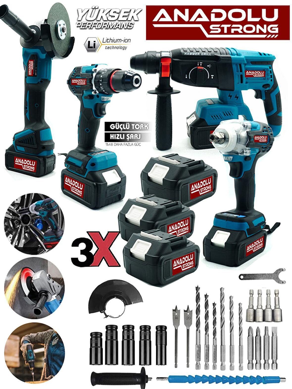 Anadolu Strong TR-1453 4'Lü Set Şarjlı Kömürsüz Motor Matkap Vidalama Kırıcı Delici Hilti Taşlama So