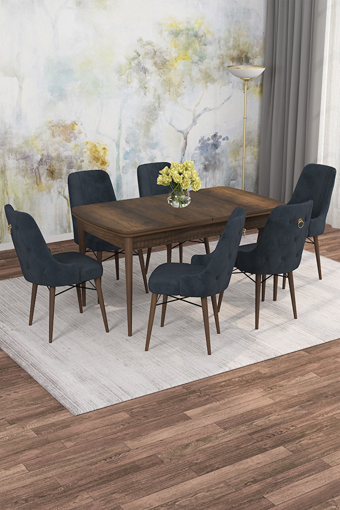 Arven Serisi 80x132 Açılabilir MDF Barok Ahşap Desen Mutfak Masa Takımı 6 Sandalye