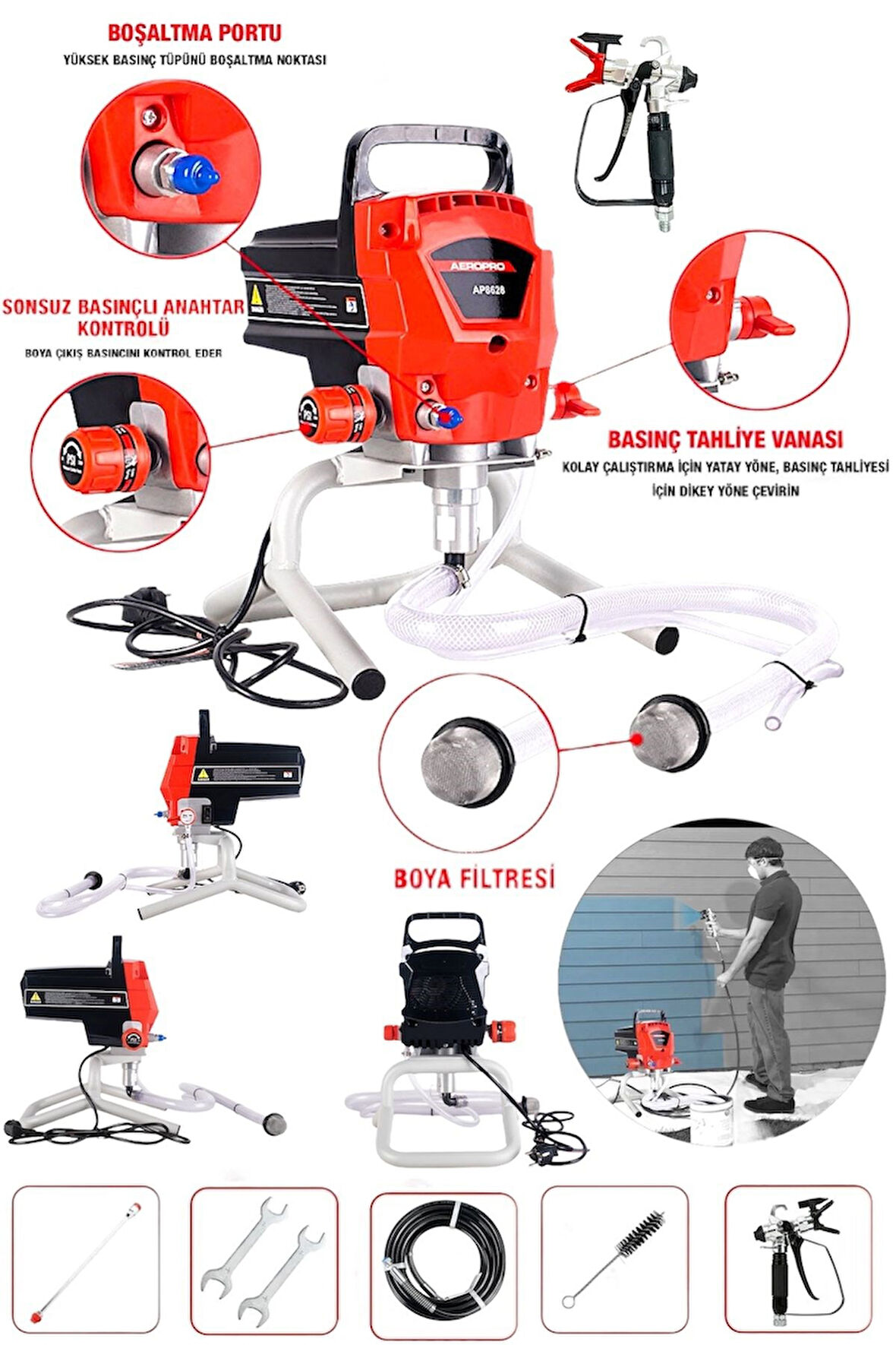 Elektrikli Havasız Boya Püskürtücü Boyama Makinesi Püskürtme Tabancası AP8628 1100W
