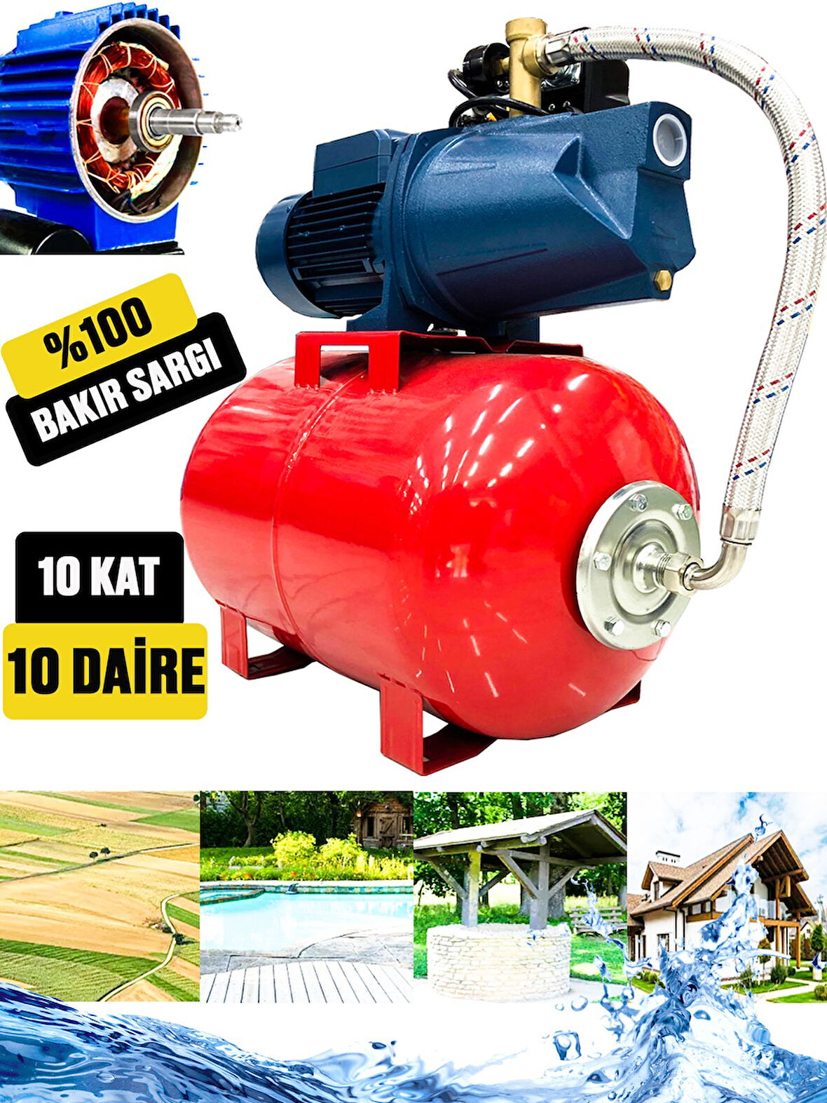 Germany Style  ibeltech 50 Litre 2 Hp Bakır Sargı Jet Pompalı Elektrikli Hidrofor 10 Kat 10 Daireye 