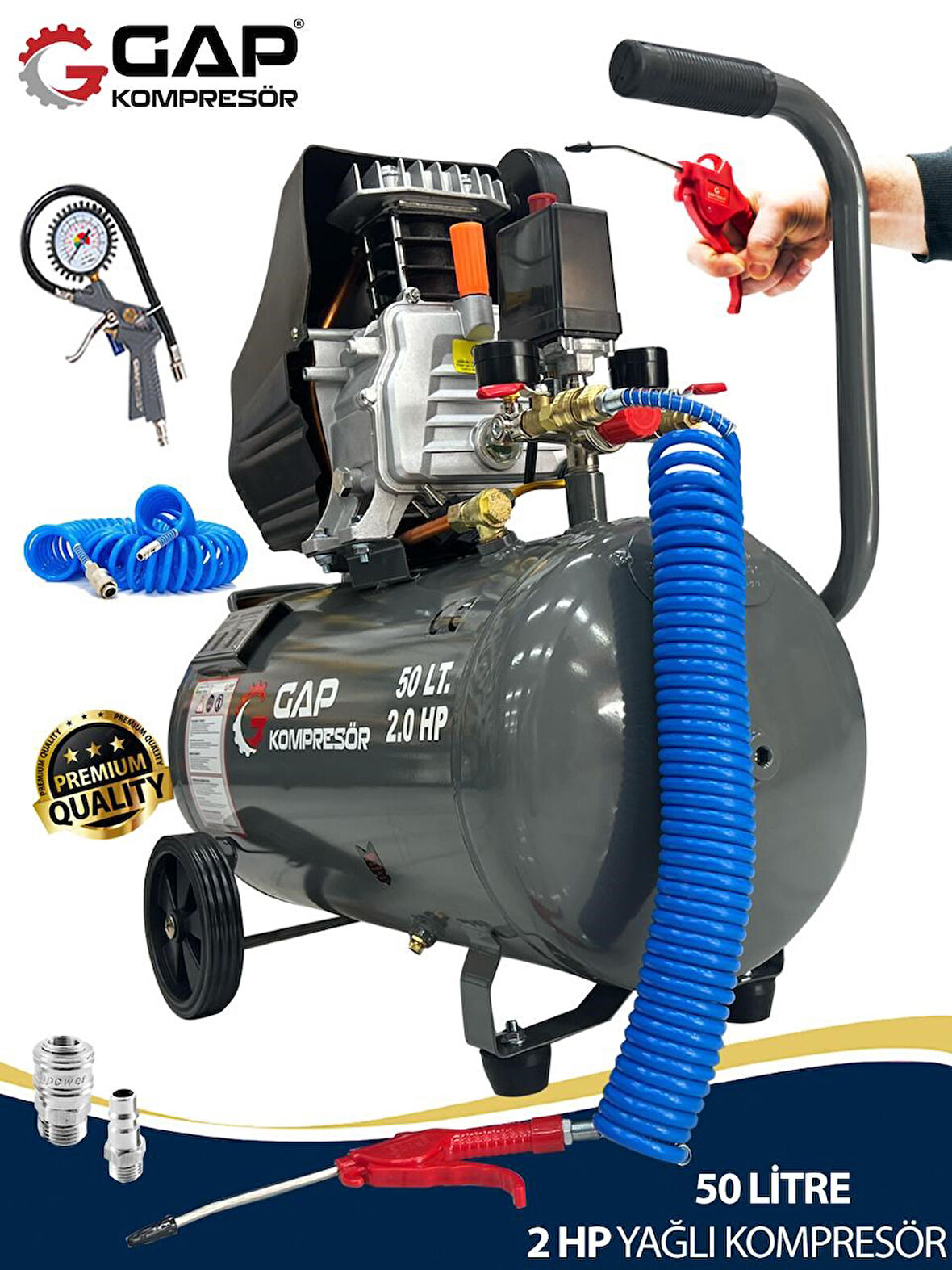 Germany Style GAP 2 Hp Profesyonel Hızlı Motor 50 Lt Hava Kompresörü Setli