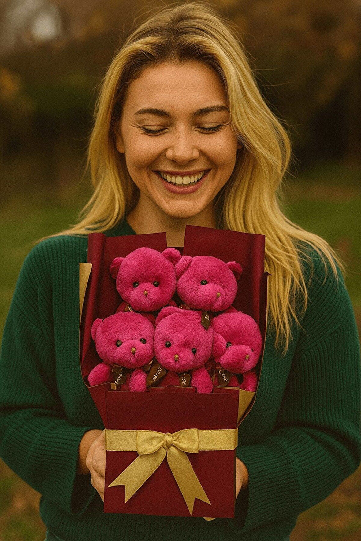 Sevgiliye Doğum Günü Özel Günlere Romantik 5’li Sevimli Fuşya Peluş Ayıcıklar Buketi Sürprz Hediye