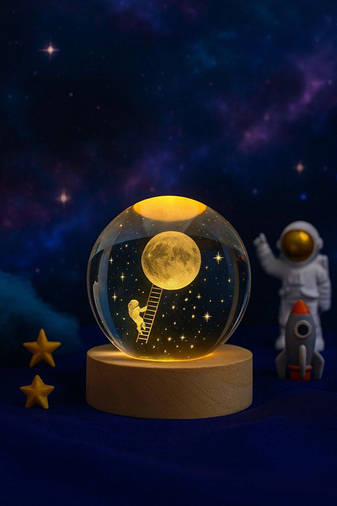 Ledli USB'li Ahşap Standlı Merdivenle Aya Çıkan Astronot Temalı Küre Gün Işığı 3D Oda Gece Lambası