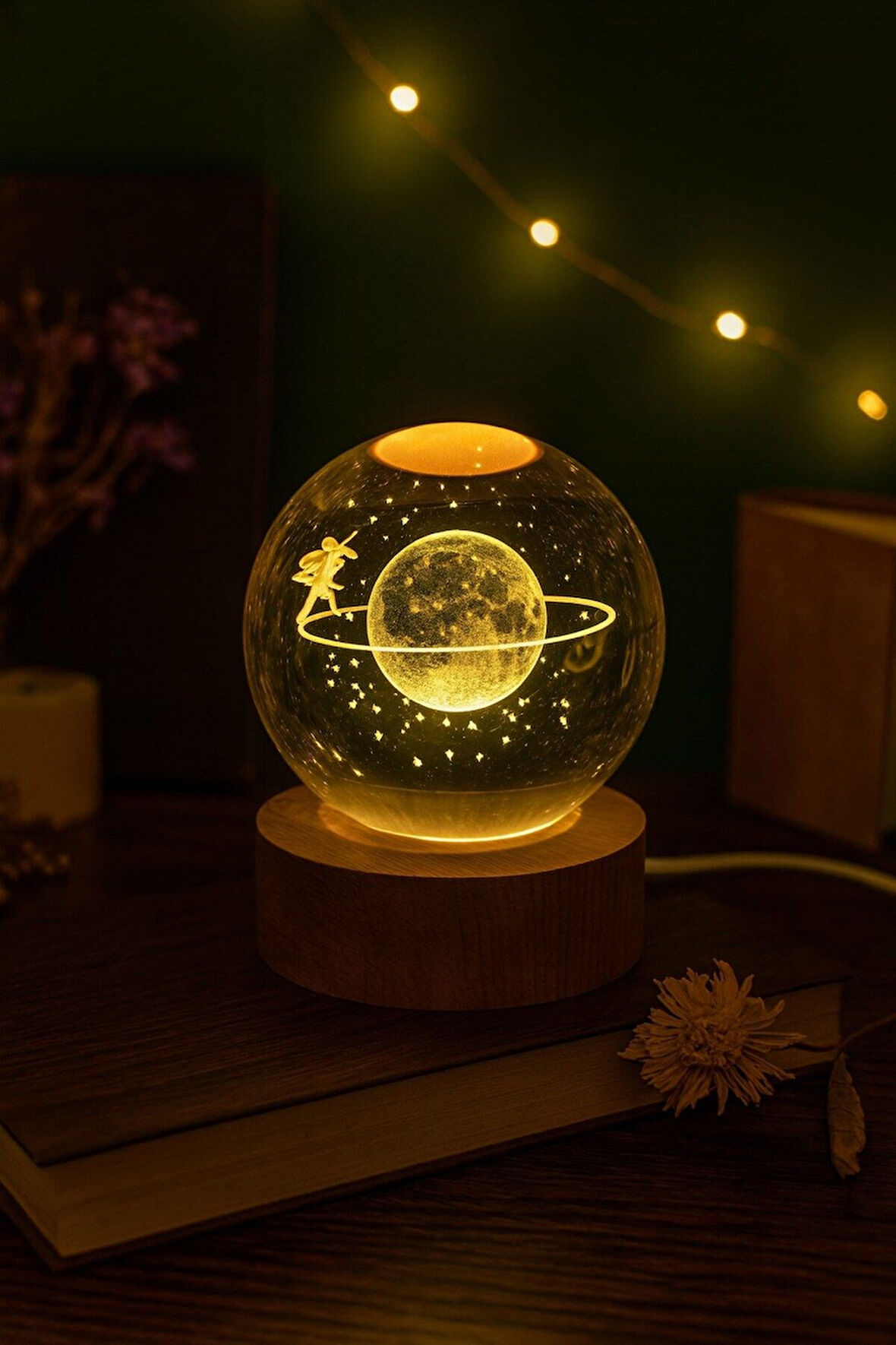 Ledli USB'li Ahşap Standlı Satürn Kız Küre Temalı Kristal Küre Gün Işığı 3D Oda Gece Lambası