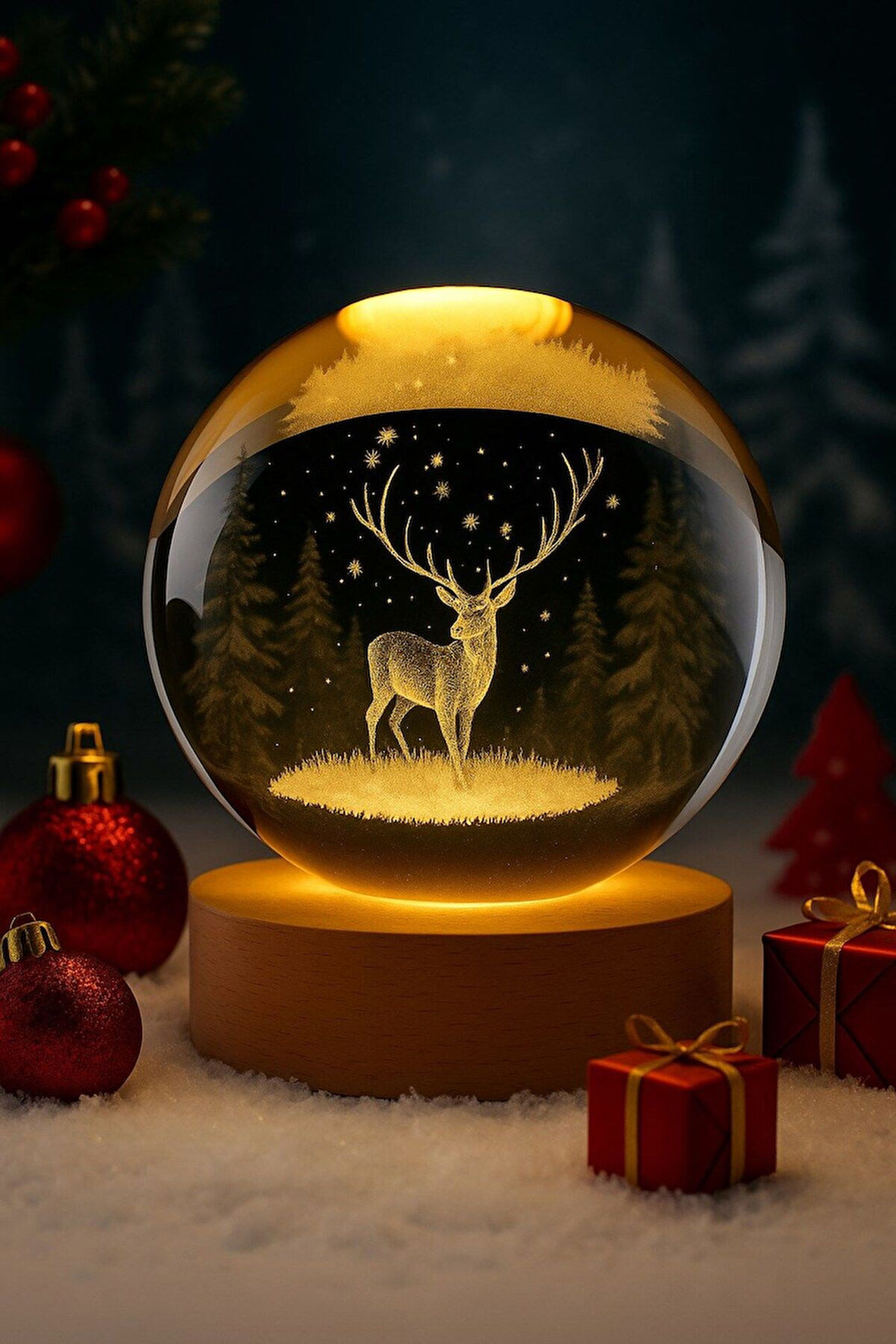 Ledli USB'li Ahşap Standlı Geyik Figürlü Temalı Kristal Küre Gün Işığı 3D Oda Masa ve Gece Lambası