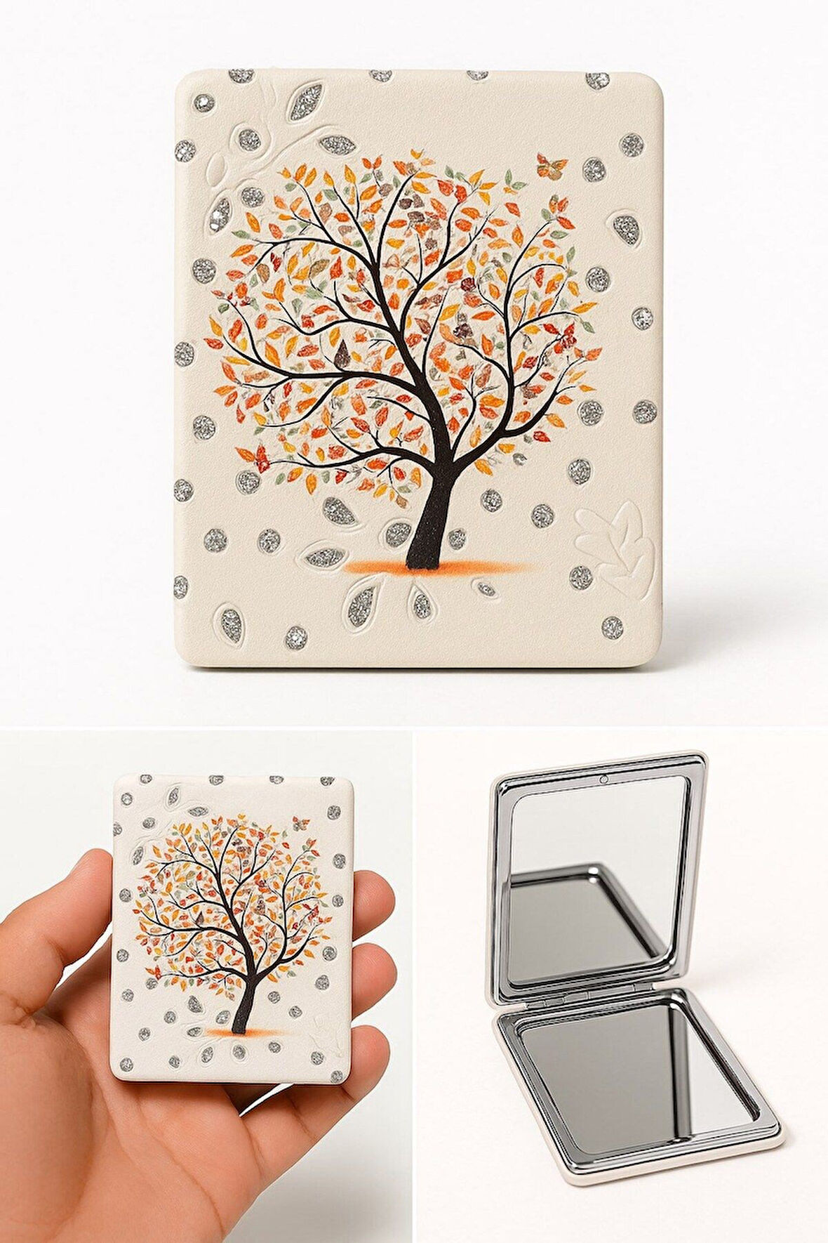 Işıltılı Yapraklar Sonbahar Sevgi Ağacı Temalı Katlanabilir Büyüteçli Mini Cep Makyaj Aynası Sarı