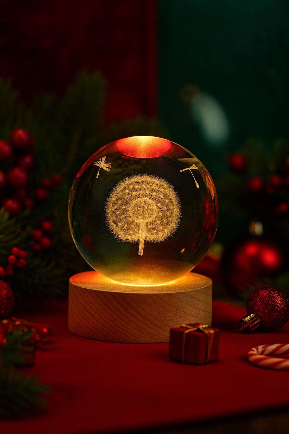 Ledli USB'li Ahşap Standlı Karahindiba Temalı Kristal Küre Gün Işığı 3D Oda Masa ve Gece Lambası
