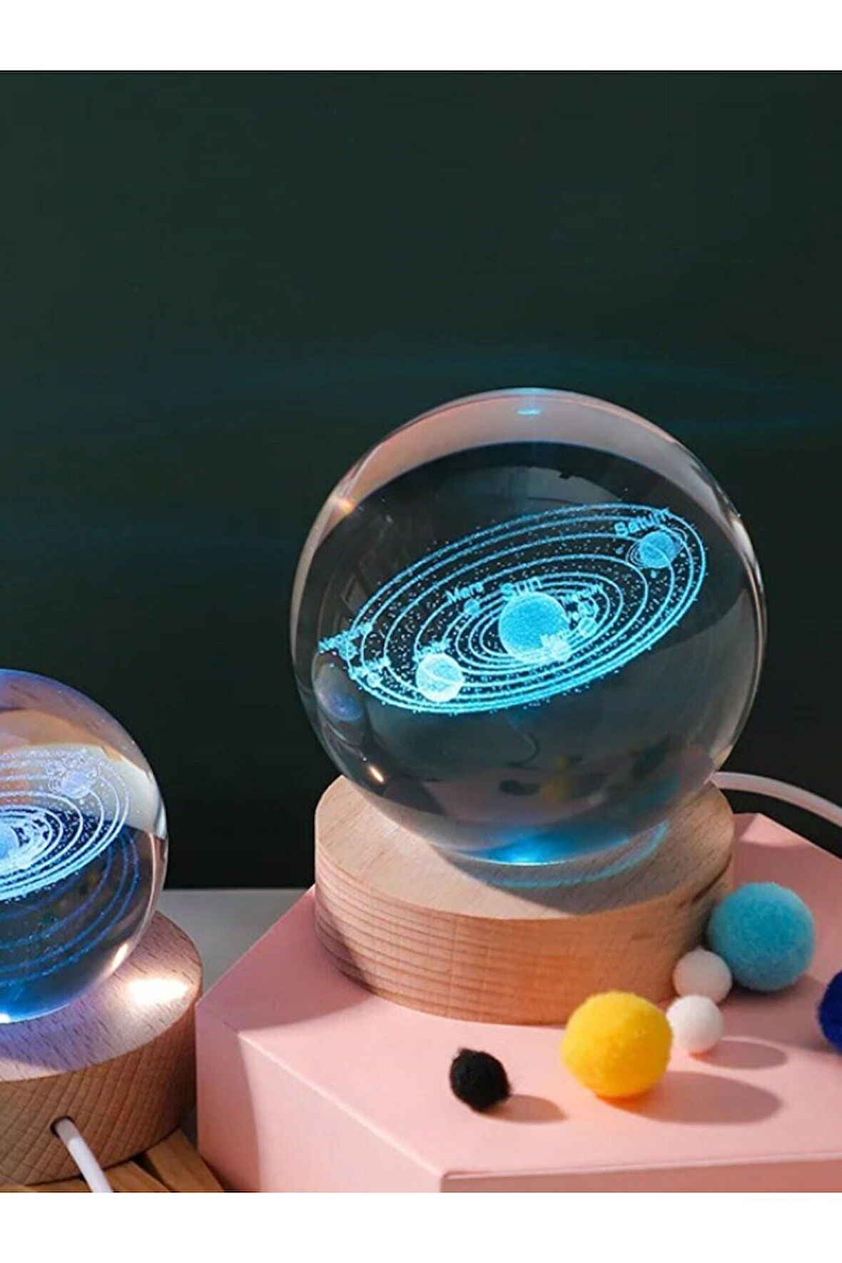 Ledli USB'li Ahşap Standlı Güneş Sistemi Küre Temalı Kristal Renkli RGB 3D Oda Masa ve Gece Lambası
