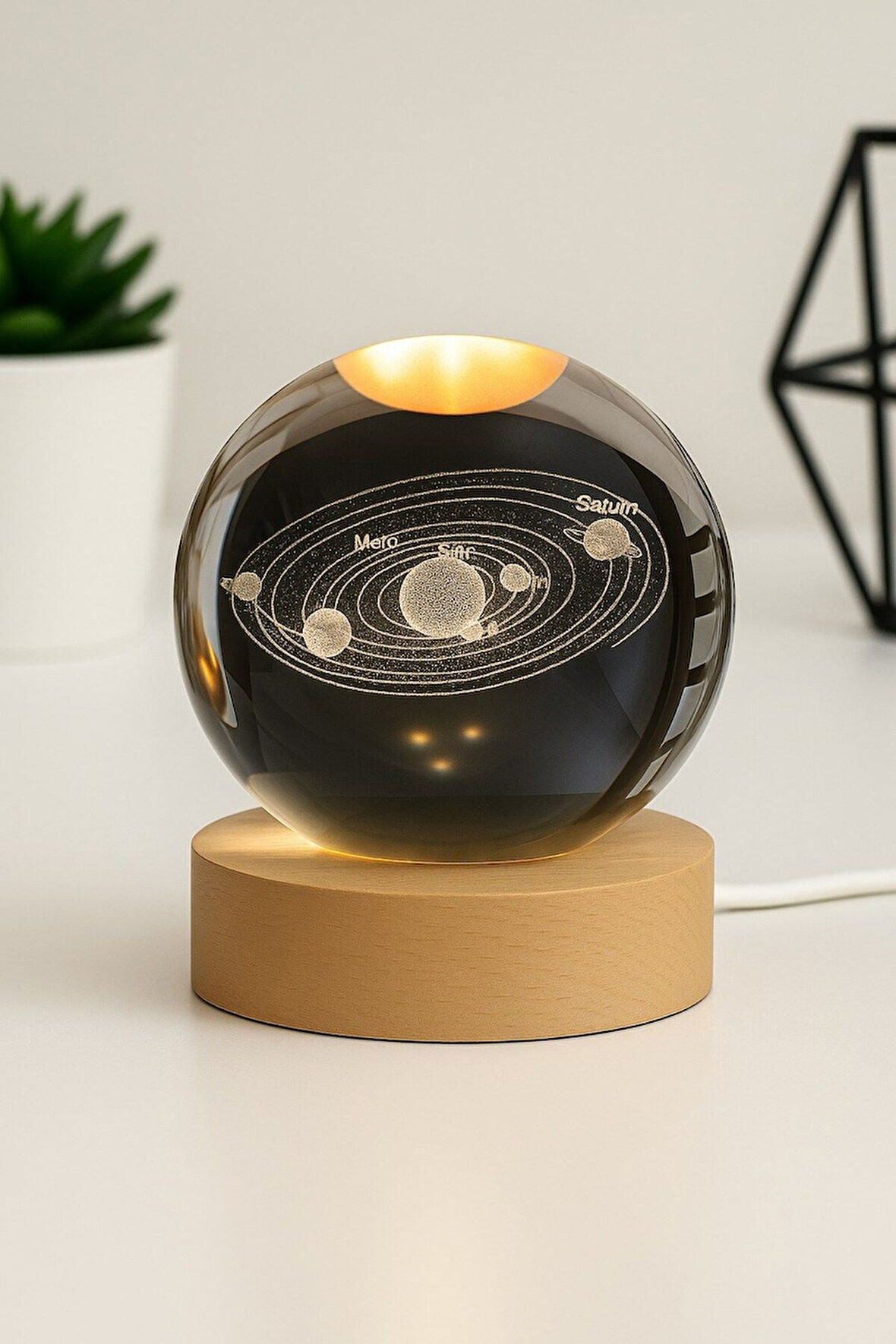 Ledli USB'li Ahşap Standlı Güneş Sistemi Temalı Kristal Küre Gün Işığı 3D Oda Masa ve Gece Lambası