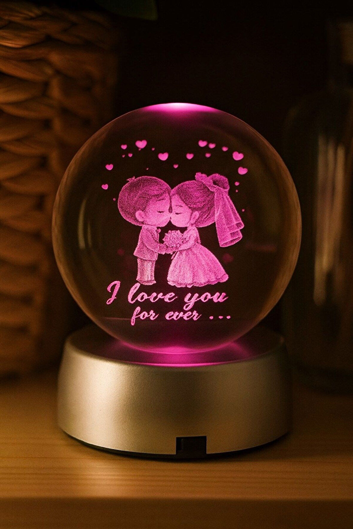 Ledli USB'li Plastik Standlı Sevgili Çiftler I Love You Forever Kristal Küre Renkli RGB Led 3D Lamba
