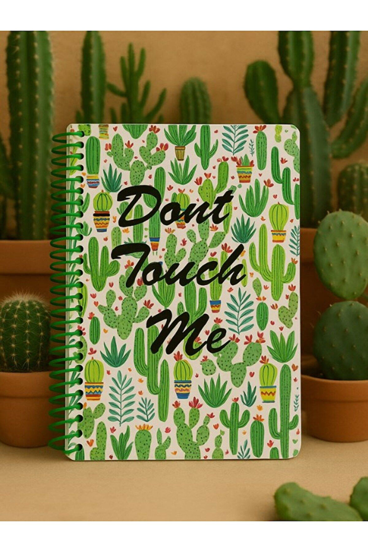 Spiralli Çizgili Kaktüs Desenli Tasarımlı Öğrenci ve Ofis Kullanımı İçin Uygun Defter 80 Yaprak