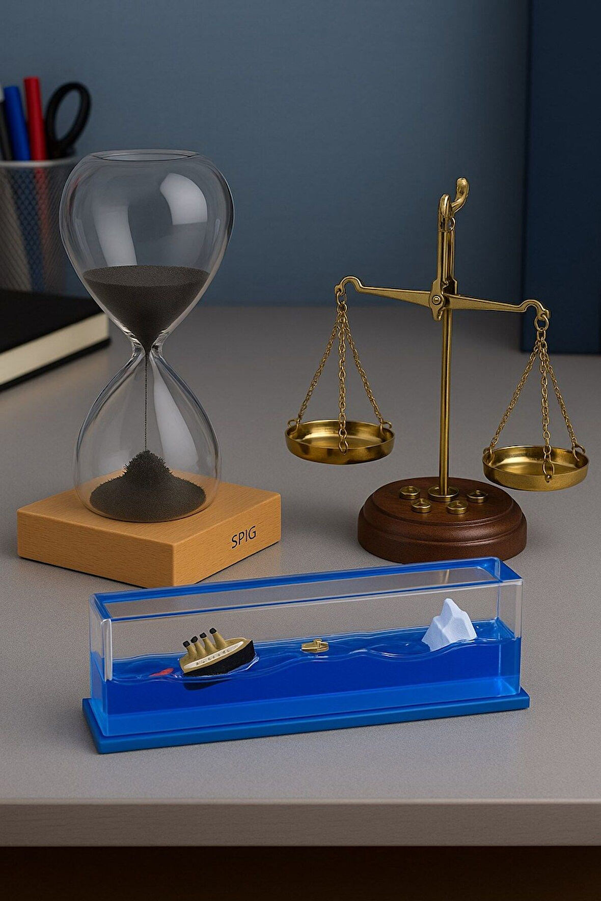 Ofisinize Sanat Katın 3’lü Masaüstü Dekorasyonu Batmayan Gemi Biblosu Kum Saati ve Adalet Terazisi