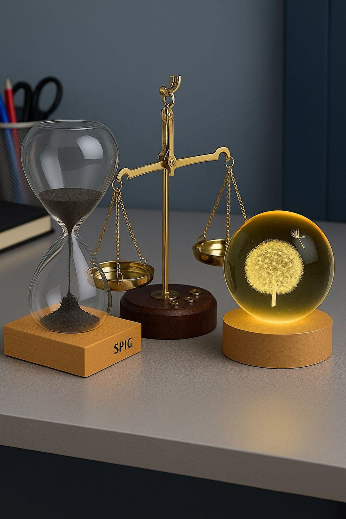 Ofisinize 3’lü Masaüstü Dekorasyonu Ahşap Standlı Karahindiba Işıklı Küre Adalet Terazisi Kum Saati