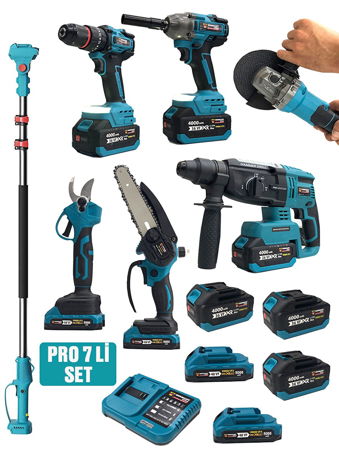 Germany Style Kömürsüz 7'li Set Teleskopik Kırıcı-Matkap-Budama Testeresi-Makas-Taşlama-Somun Sökme