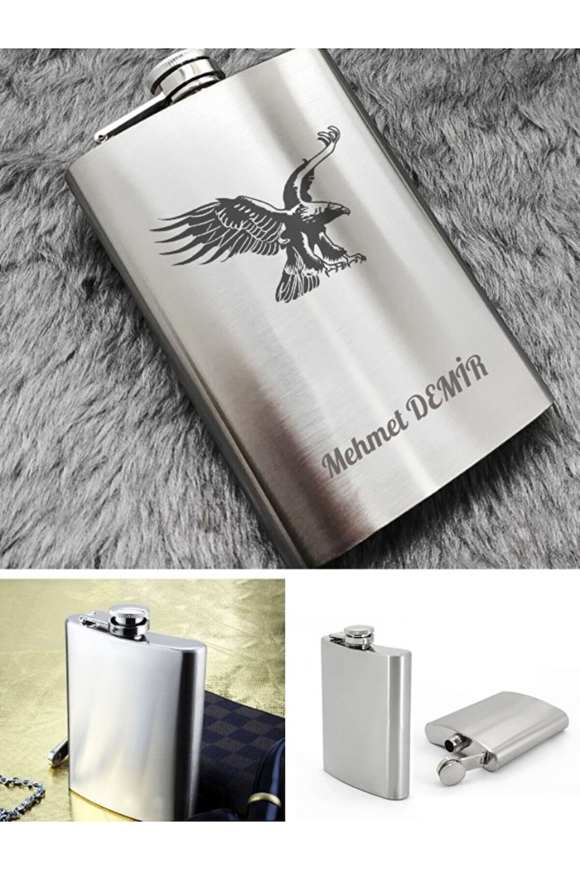 Vip Hediye İsime Kişiye Özel 9 Oz Çelik Cep Matarası Kartal Temalı 266 Ml İçecek Matarası