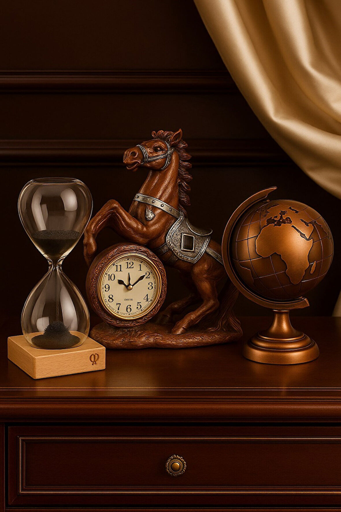 Ofisinize Masaüstü Dekorasyonu 3’lü Masa Üstü Manyetik Kum Saati Metal Dünya Küresi At Figürlü Saat 