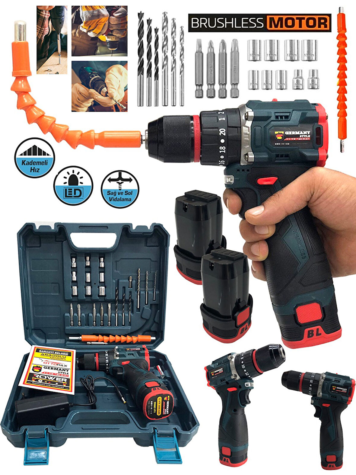 Germany Style 8014 Kömürsüz Darbeli Şarjlı Matkap Lion Armut Batarya Metal Şanzıman Çift Akülü Vidal