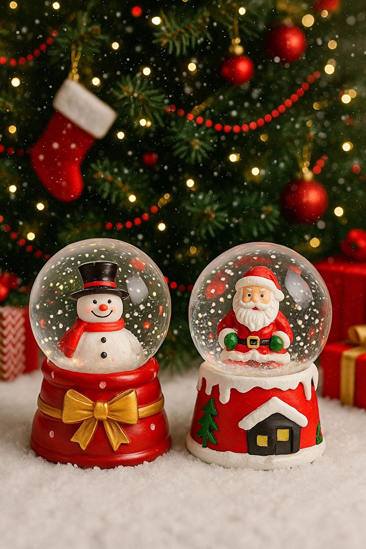 Yeni Yılın En Güzel Hediyesi Yılbaşı 2 Adet Led Işıklı 6,5 cm Noel Baba Kardan Adam Kar Küresi Seti 