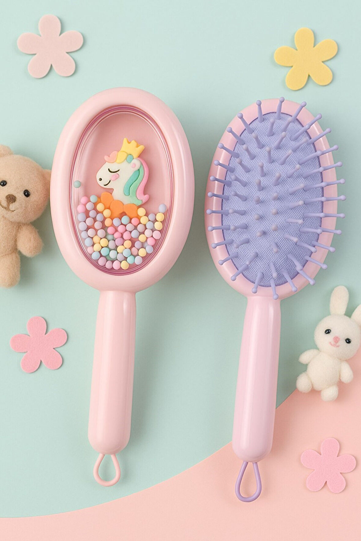 1 Adet Pembe Unicorn Figürlü Renkli Boncuklu Çocuk Saç Tarağı Fırçası Kolay Taranma Saçları Acıtmaz