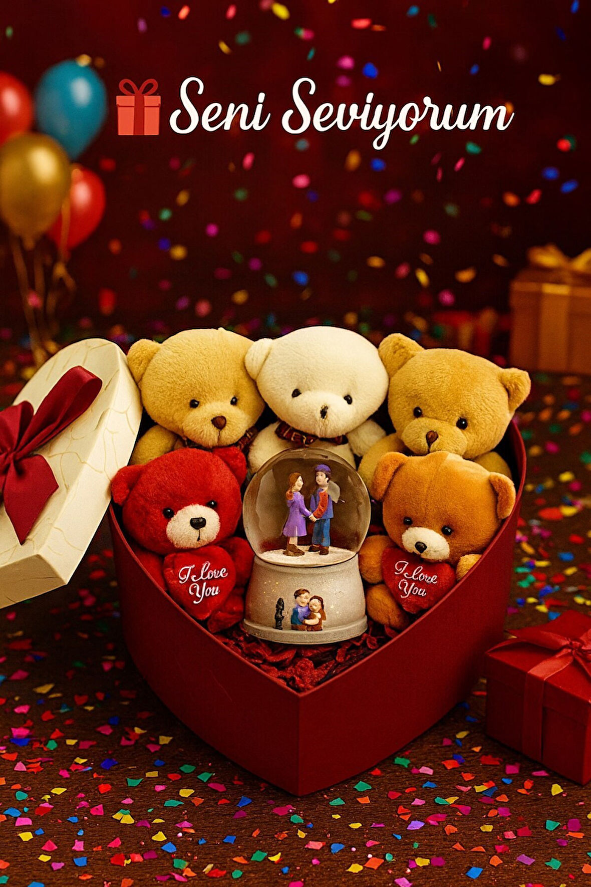 Seni Seviyorum Hediye Kutusu Sevgiliye Özel Romantik Kalpli Kutuda Ayıcık ve Kar Küresi Hediye Seti