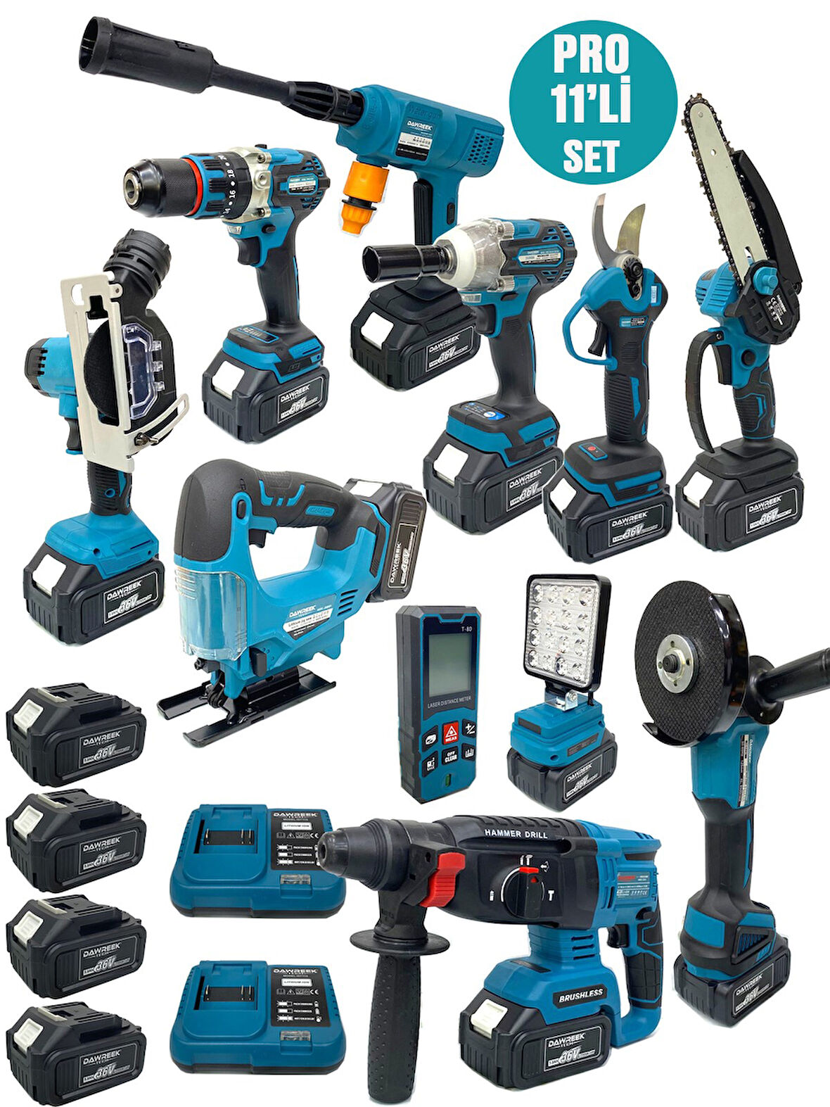 Germany Style DawreekTech 11'li Şarjlı Pro Set Kırıcı-Taşlama-Matkap-Budama Makas Testeresi -Yıkama-