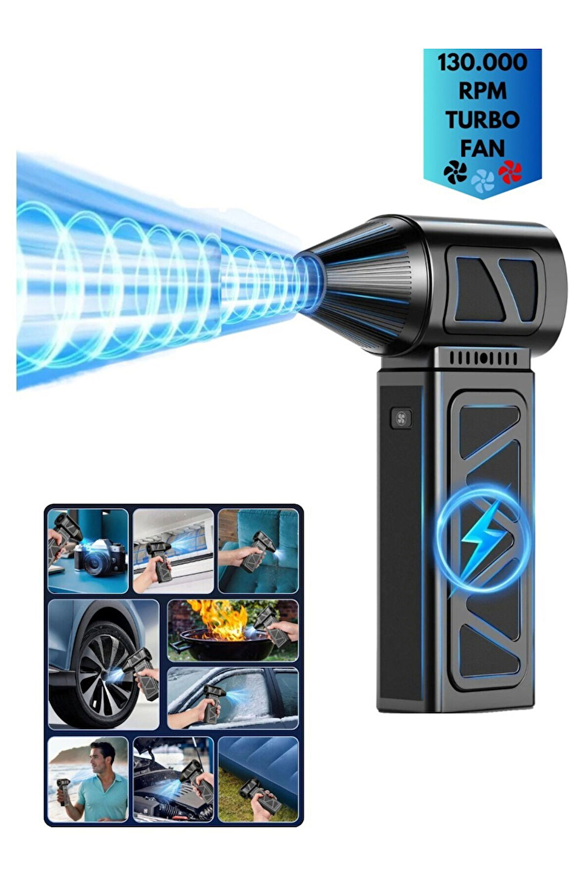 Araç Ev ve Elektronik Temizliği İçin Güçlü Şarjlı Hava Üfleme Makinesi 130.000 RPM Turbo Fan Blower