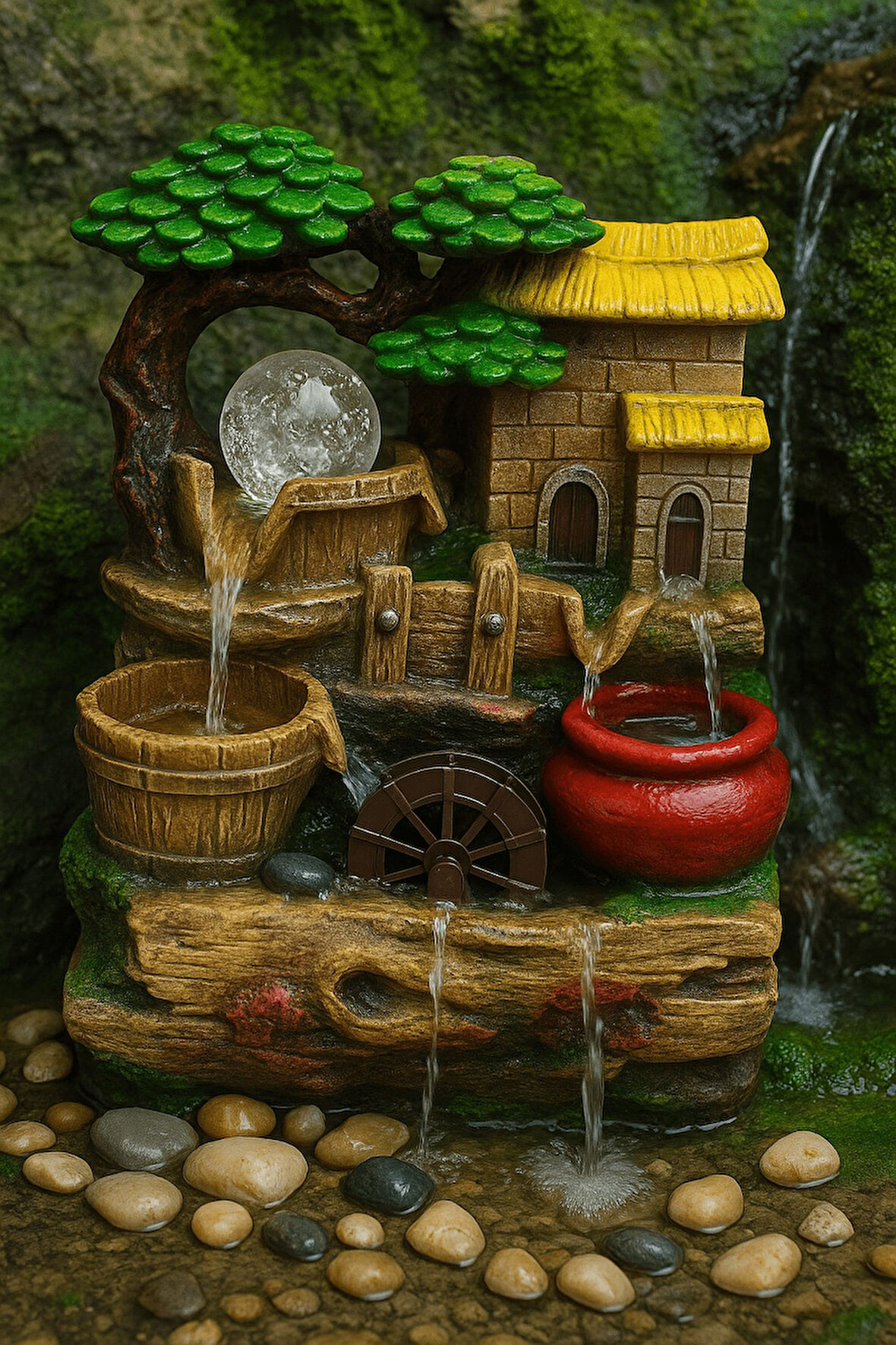 Dekoratif LED Işıklı Şelale ve Köy Evi Biblosu – Masaüstü Su Değirmeni - F