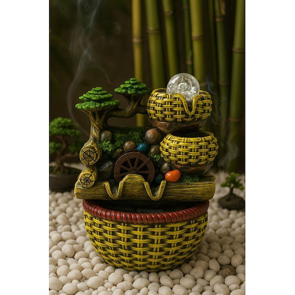 Değirmen Huzur Veren Su Sesi Şelale Hasır Sepet Yosun Efektli Süs Fıskiye LED Işıklı Ev Ofis Biblo M