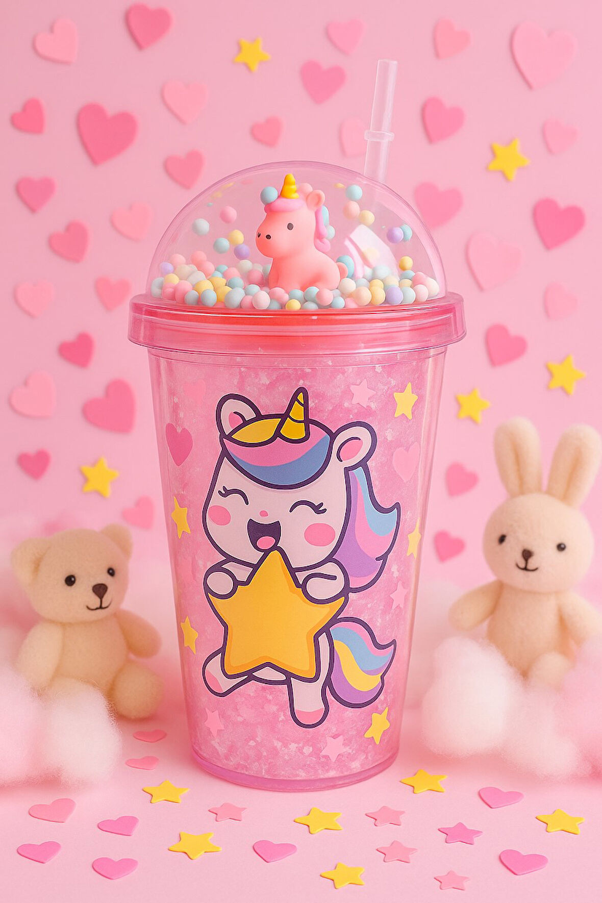 Unicorn Temalı Suluk Pipetli Buzlu Cam Görünümlü 450 ML Çift Katman Mika Su Şişesi 2646 Pembe