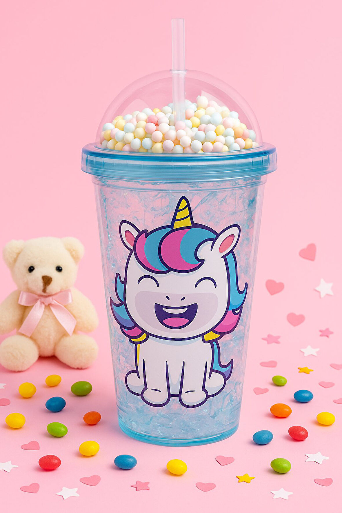 Unicorn Temalı Suluk Pipetli Buzlu Cam Görünümlü 450 ML Çift Katman Mika Su Şişesi 2646 Mavi