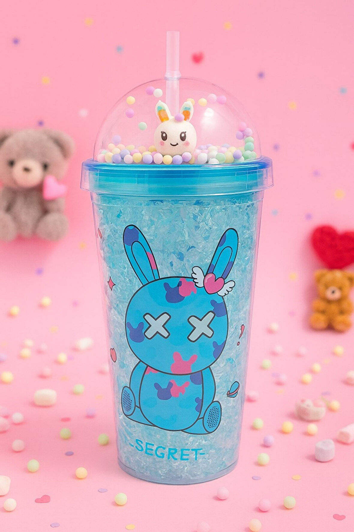 Sevimli Bunny Tavşan Figürlü Renkli Boncuklu Kristal Efektli Tasarım Pipetli Bardak Suluk Mavi 2087