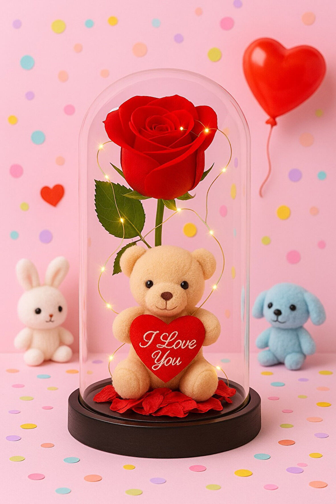 Dekoratif Tasarım Fanus LED Işıklı Kırmızı Gül I Love You Ayıcık Sevgiliye Romantik Aşk Hediye Seti