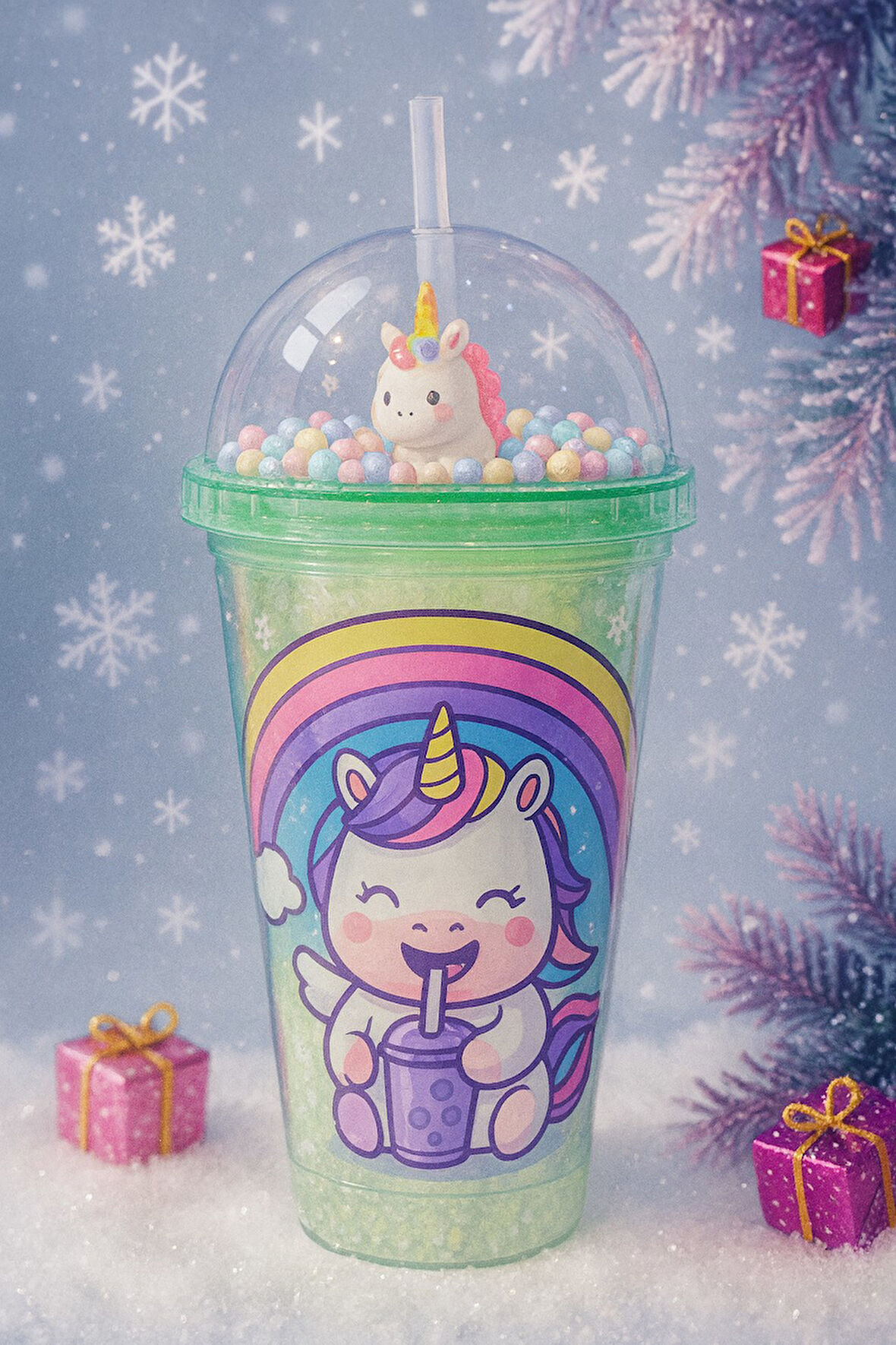 Unicorn Temalı Suluk Pipetli Buzlu Cam Görünümlü 450 ML Çift Katman Mika Su Şişesi 2646 Yeşil