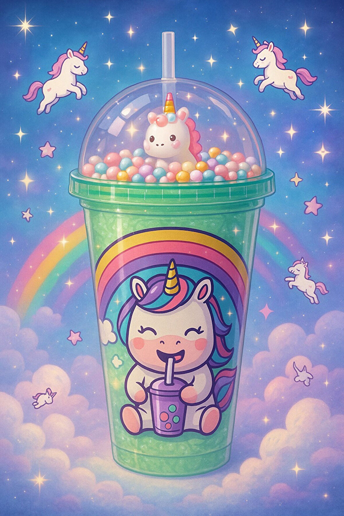 Renkli Boncuklu Unicorn Tasarımlı Pipetli İçecek Bardağı Çocuklar İçin Sevimli Suluk Yeşil 2646