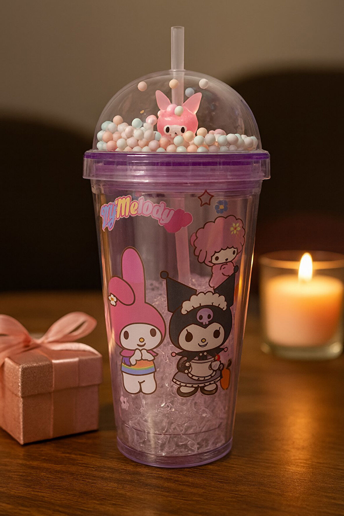 Kuromi Temalı Mor Suluk Pipetli Buzlu Cam Görünümlü 450 ML Çift Katman Mika Su Şişesi 2647 Mor