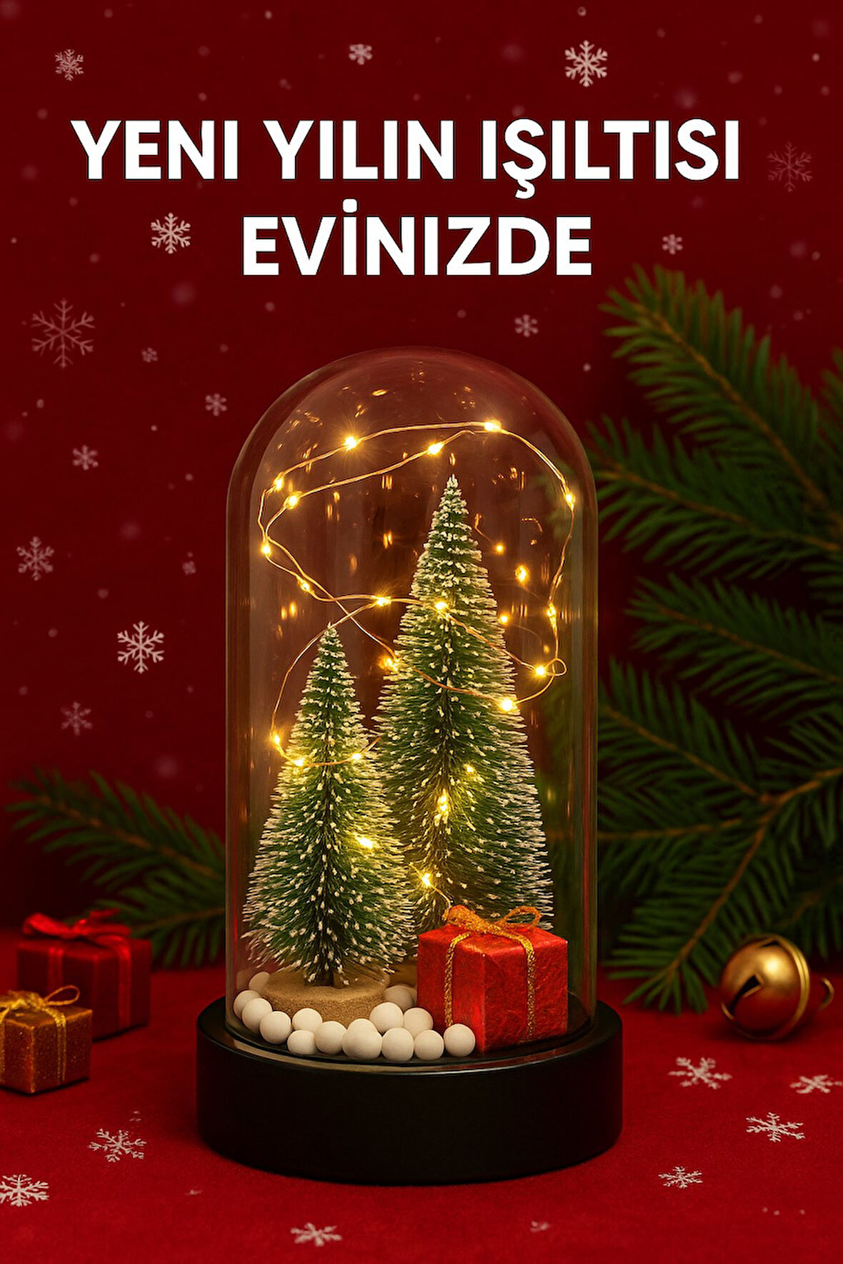 2026 Yeni Yıl Hediye Led Işıklı Fanus İçinde 2 Çam Ağacı ve Hediye Temalı Noel Yılbaşı Gece Lambası