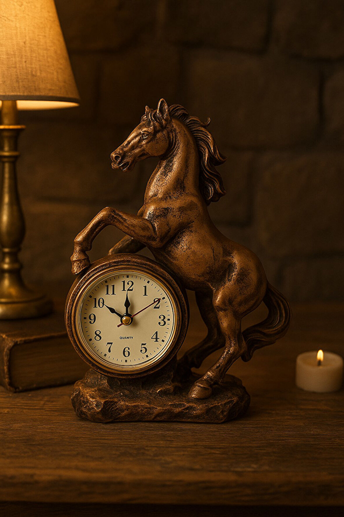Kahve - Siyah  At Figürlü Masa Saati – 19x15 cm Dekoratif ve Şık Tasarım  Premium Hediye
