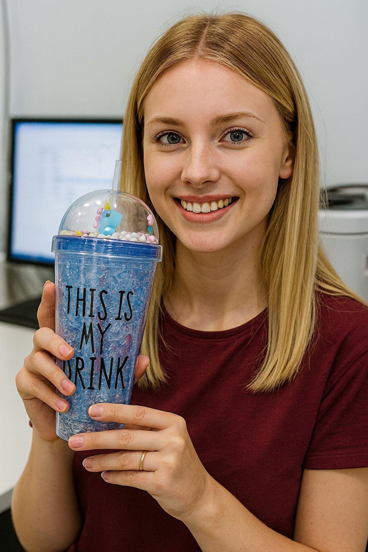 Cool Temalı Buzlu Cam Görünümlü Laci Suluk Pipetli  450 ML Çift Katman Mika Su Şişesi 2742