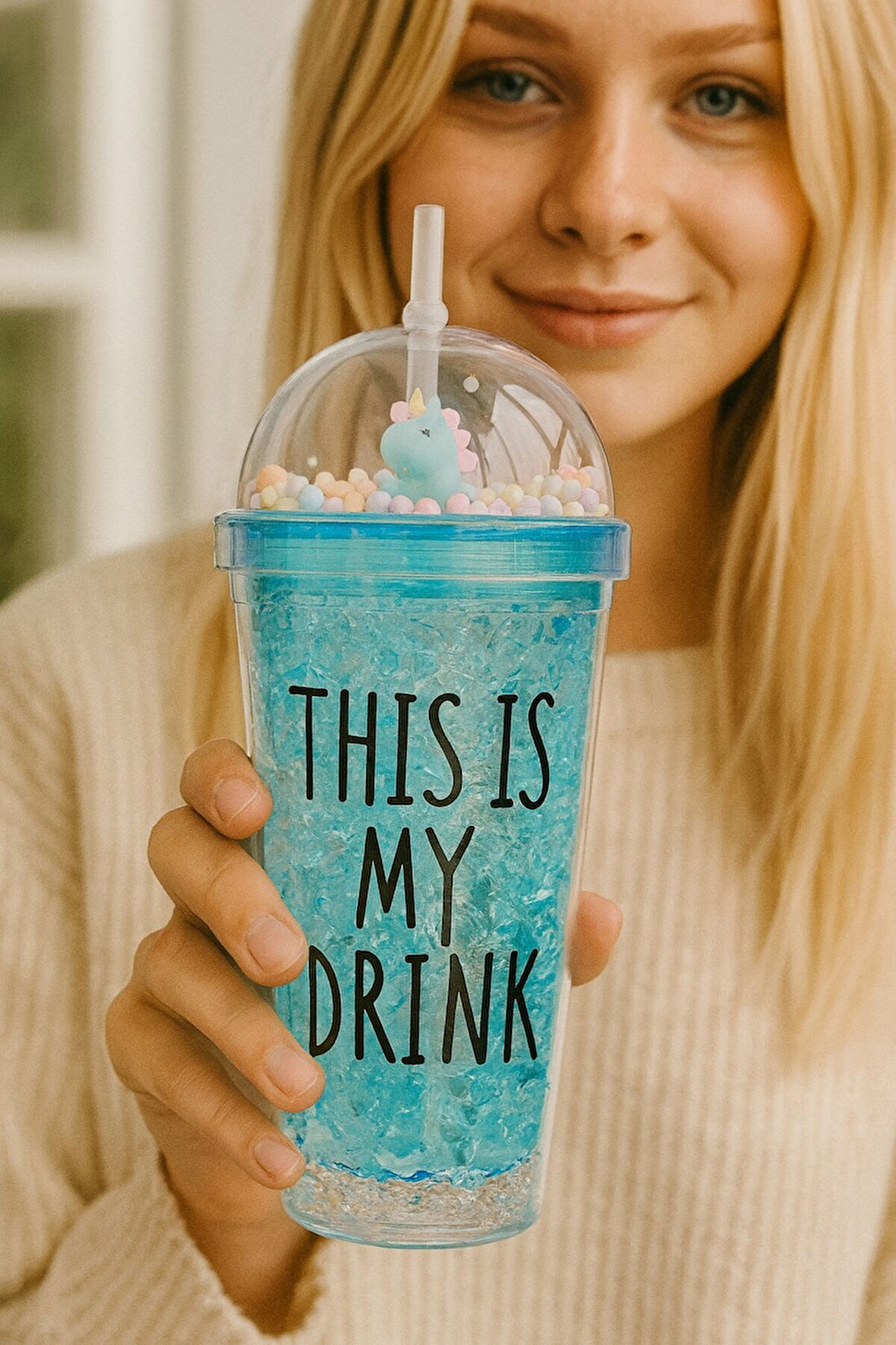 Sevimli Renkli Boncuklu Cool Çılgın This İs My Drink Tasarım Pipetli İçecek Bardağı Suluk Mavi 2742