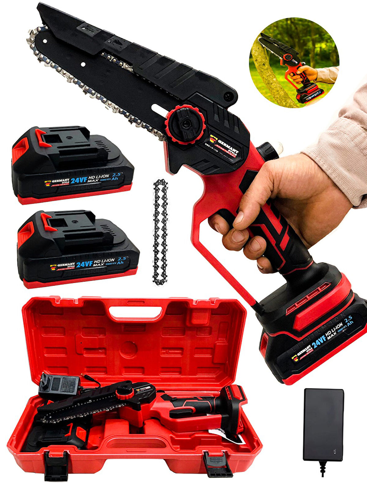 Germany Style 8024 Çift Akülü Çift Zincirki Şarjlı Ağaç Dal Budama Testeresi 