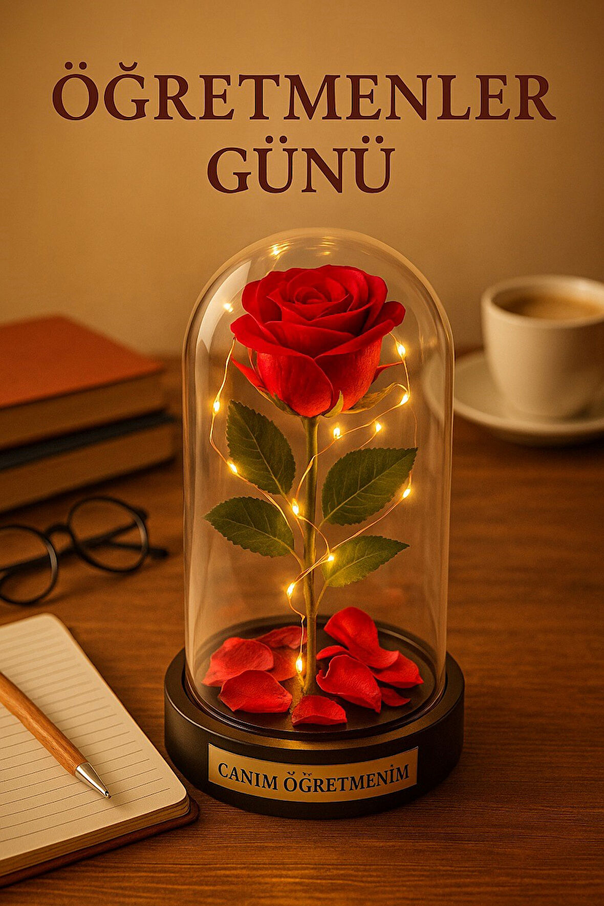 Sevgiliye Eşe Öğretmenler Gününe Anlam Katan Özel Fanusta Led Işıklı Canım Öğretmenim Hediye Biblosu