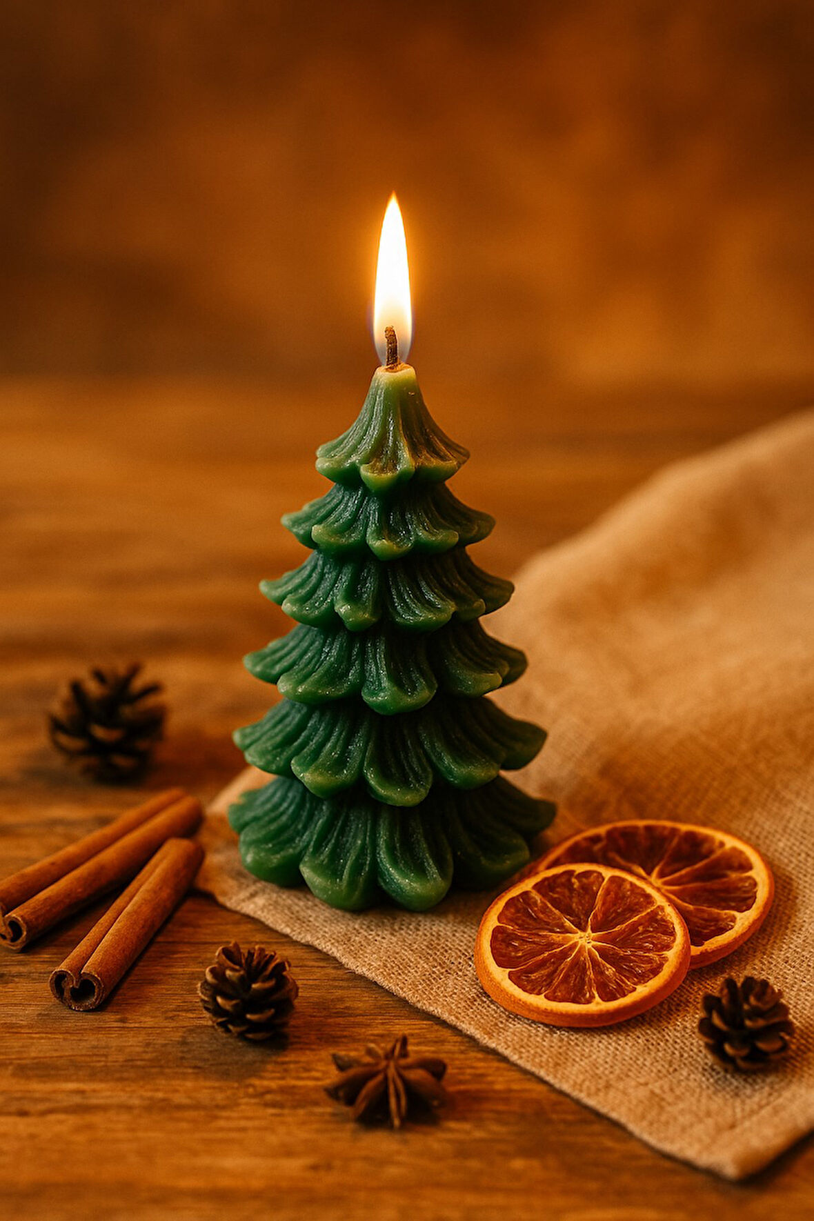 Yeni Yıl  Noel Çam Ağacı Temalı Mum - Yılbaşı Sofra Süsü Dekorasyon El Yapımı Mum  13 cm