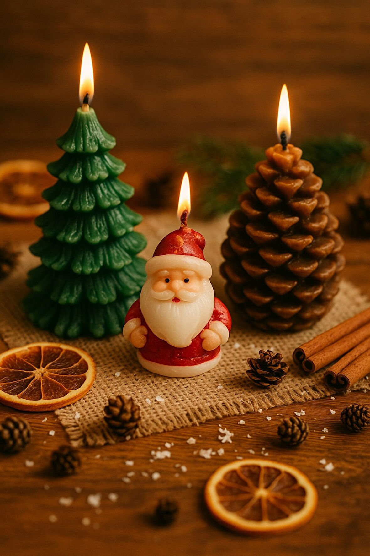 3’lü Yılbaşı Temalı Masa ve Ev Dekoru Noel Baba Kozalak ve Çam Ağacı Temalı Mum Yılbaşı Hediye Seti