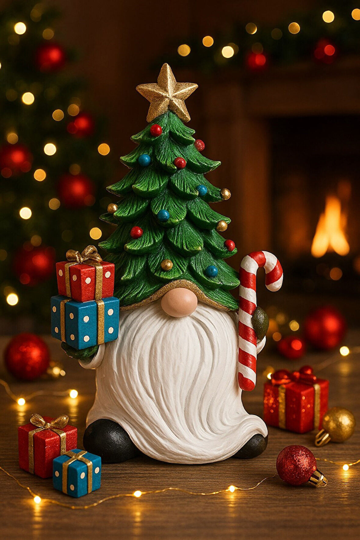 Noel Baba Sakallı Çam Ağacı Figürlü Yılbaşı Christmas El Yapımı Süs Polyester Hediye Biblo 19 Cm