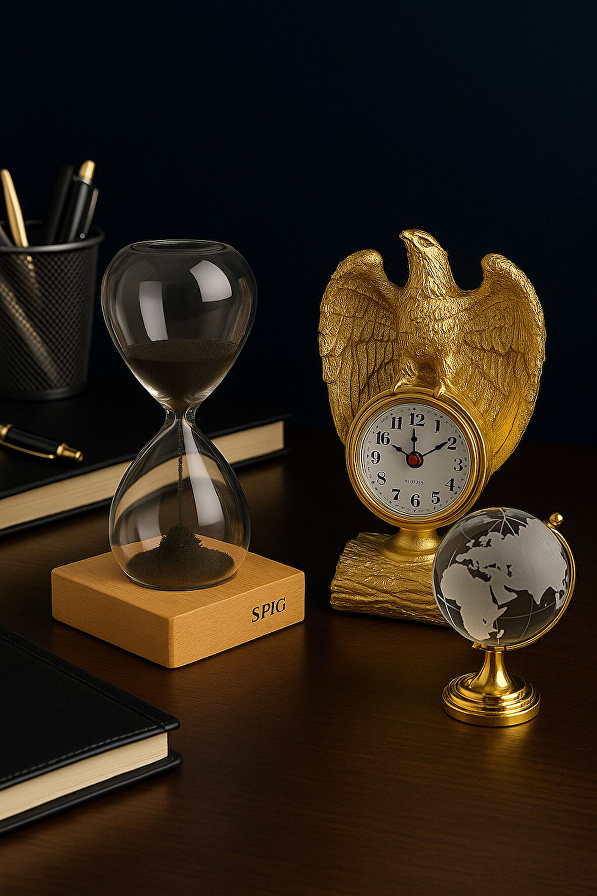 3 Lü Masa Üstü Premium Set – Kartal Biblo Saat, Kum Saati, Cam Dünya Küre Dekoratif Ofis Hediyesi