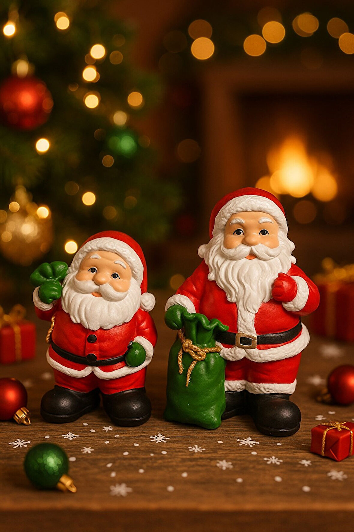 Yılbaşı Christmas 2’li Noel Baba Temalı Yılbaşı Masası İçin Dekoratif Biblo Hediye set 9 Cm & 11 Cm 