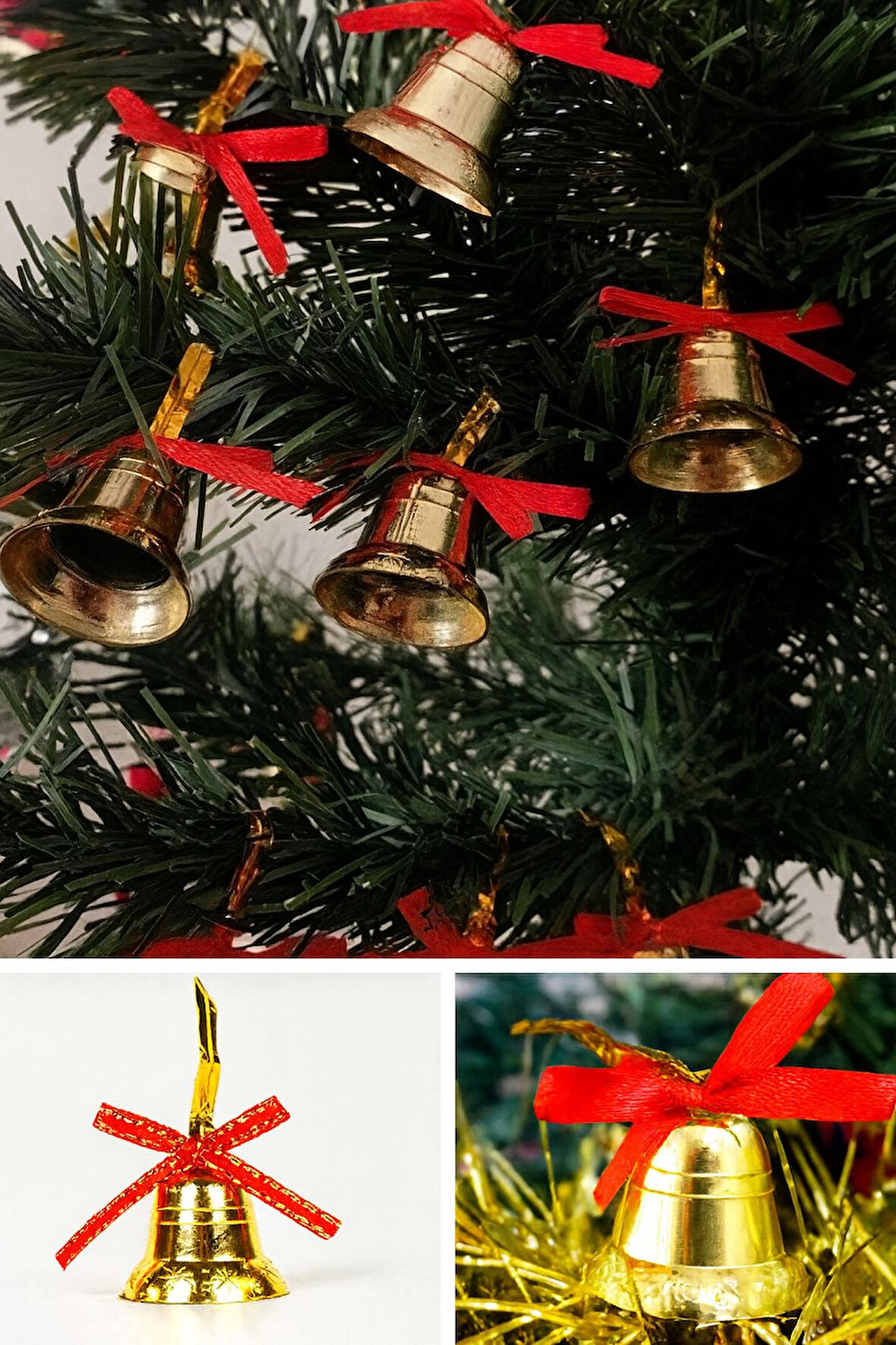 12 Adet Mini Çan Yılbaşı Çam Ağacı Süsü  3 cm Kırmızı Kurdeleli Gold Yılbaşı Çam Ağacı Süsü 