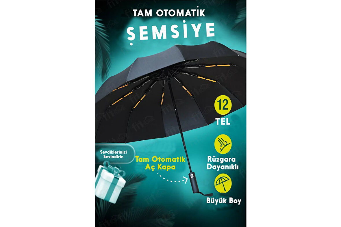 Tam Otomatik Şemsiye Rüzgara Dirençli Emniyetli Geniş ve Dayanıklı Tasarım 12 Telli Otomatik Şemsiye