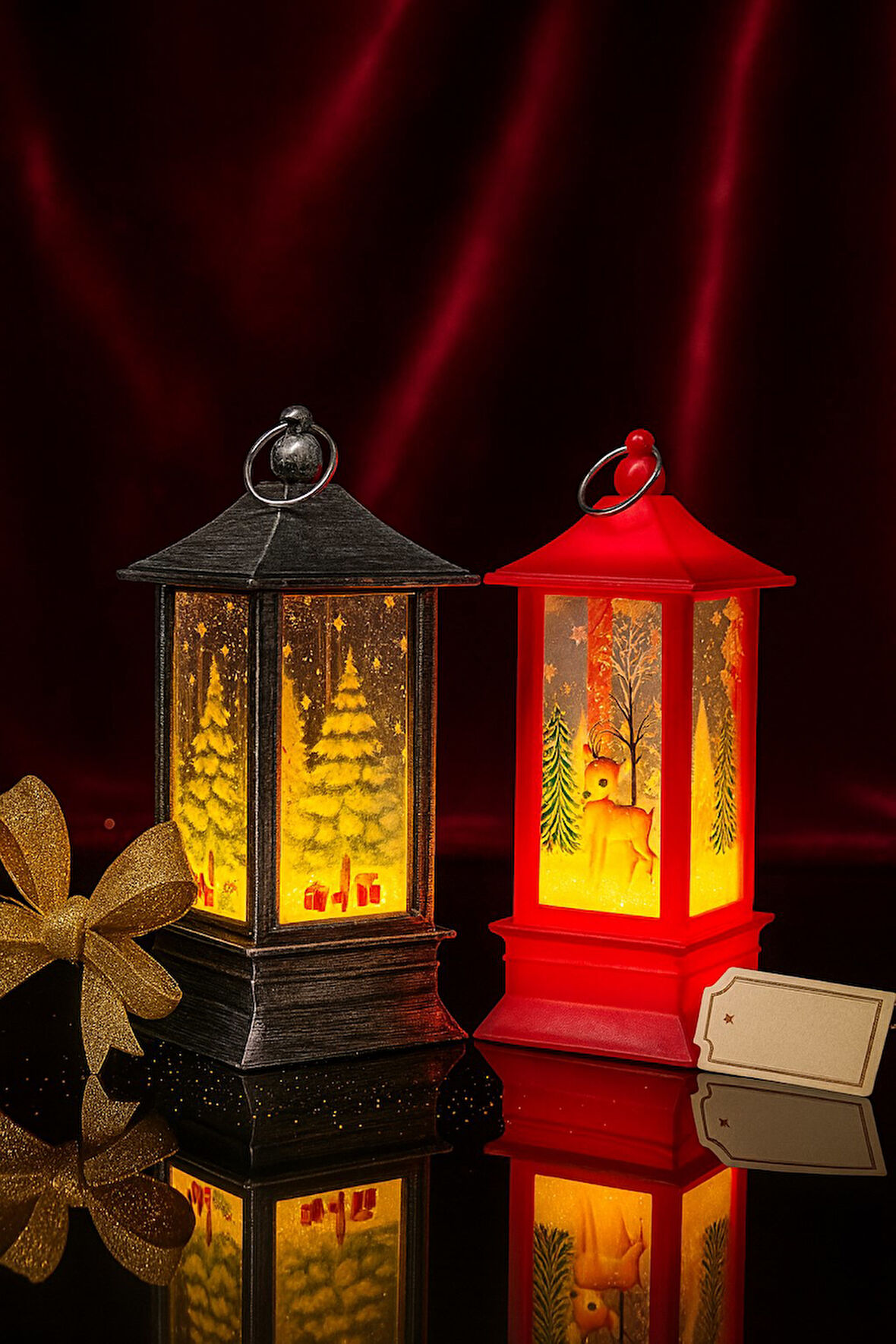 LED Işıklı Noel Feneri 2’li Set – Çam Ağacı & Bambi Temalı Dekoratif Yılbaşı Lambası 14 Cm