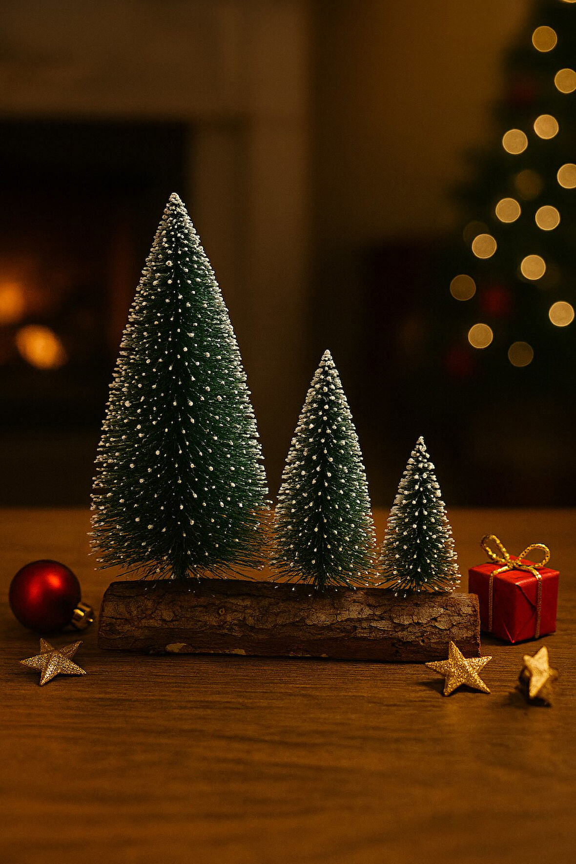 3’lü Mini Kar Efektli Yılbaşı Noel Ağaç Seti – Ahşap Kütük Üzeri Dekoratif Mini Çam Ağaçları (16 – 1